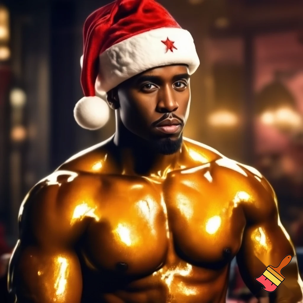 p diddy shirtless oiled up wearing a Santa hat