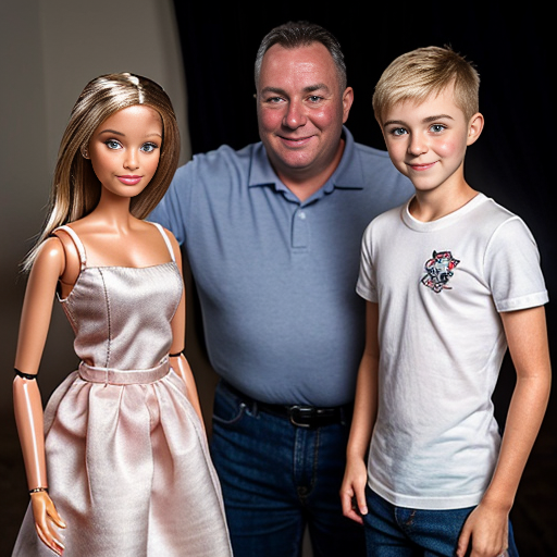 make a family photo of 3 with a 3 year old barbie and a 15 year old ken with there dad