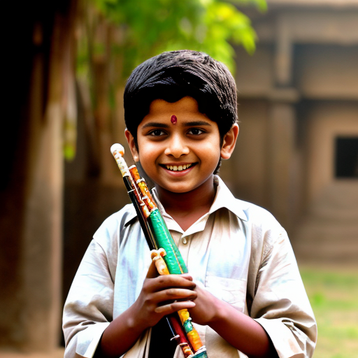 Krishna, a young boy, with his flute, standing happily with a bright smile.