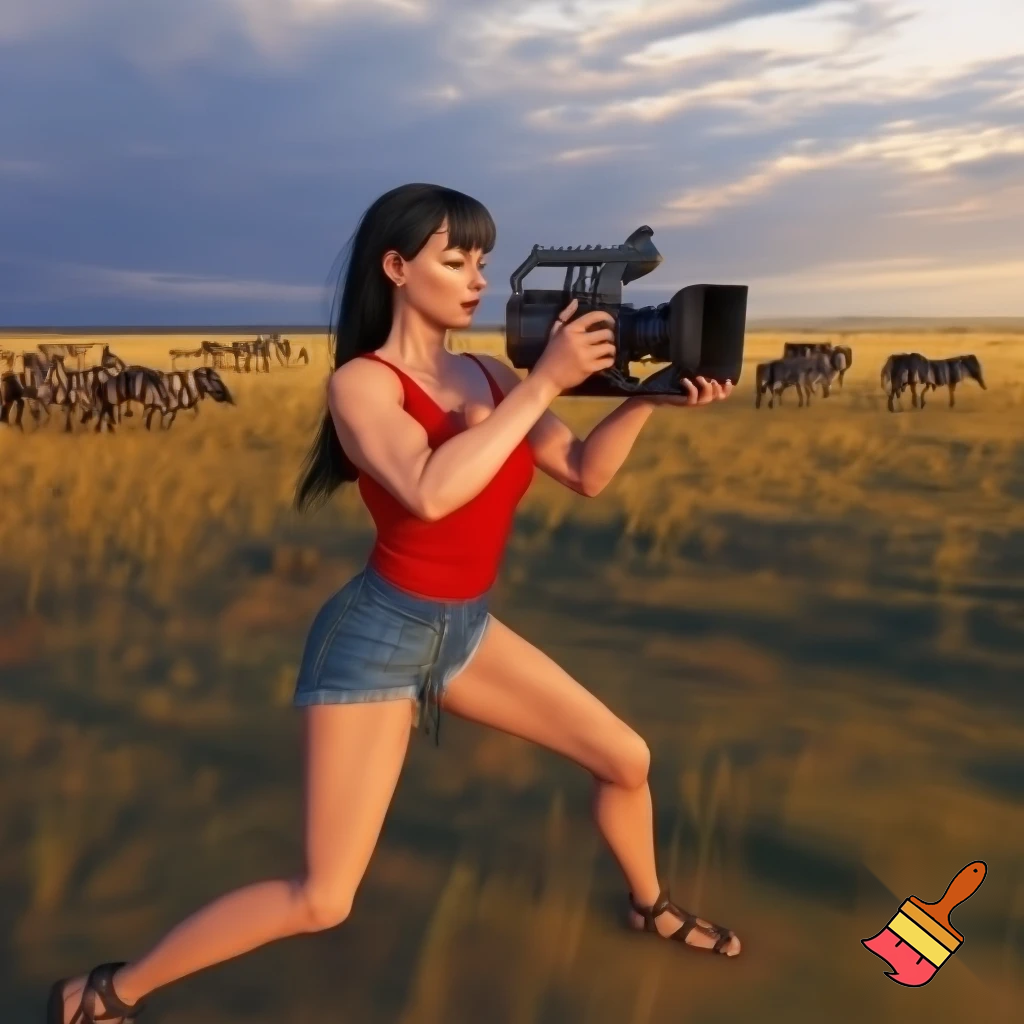 A cute and muscular black-long-and-side-swept-banged-haired fair white woman with arriflex digital camera and wearing red tank top and woman's blue short jeans and putting the sandals on her feet is filmming the plains of the Serengeti in Tanzania.