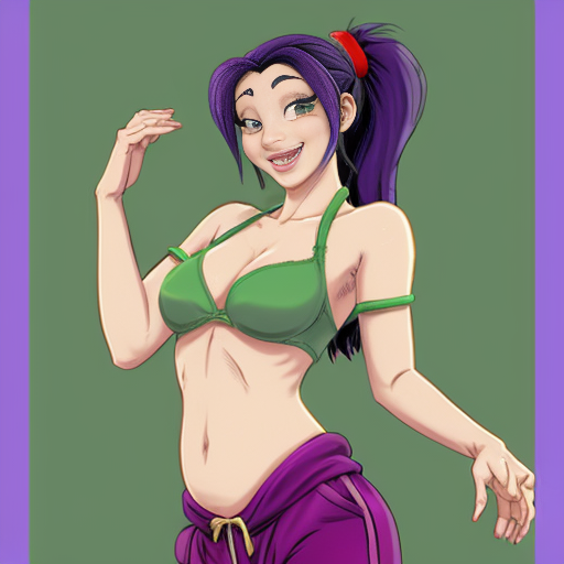 90's disney's 2d aladdin style comic dark black background and panels of 
panel 1 purple haired Ponytail shantae with red harem pants and red bra and red curved slippers with both hand palms place together and hiding the bottom of her mouth with a red veil wrapped around her arms and shoulders. 
panel 2 she danced with red harem pants with red bra and red curved slippers and red veil wrapped around her arms and shoulders and raising legs and bounced up and down her belly and shook her hips left and right. 
panel 3 as Shantae with red harem pants and red bra and curved red slippers spreading her arms, happily revealing her face to the viewer and giving a smile as she turns around shook her butt left and right. Panel 4 as purple haired Ponytail shantae with red harem pants and red bra and red curved slippers started to fading away , except her belly, which is bouncing around. 
Panel 5 then the ball transforms into the fading in belly of green haired Ponytail shantae with light green skin and green harem pants and green bra and green curved slippers and green veil wrapped around her arms and shoulders with her swaying her hips. 
Panel 6 green haired Ponytail shantae with light green skin and purple harem pants and green bra and green curved slippers and green veil wrapped around her arms and shoulders and with her hand palms place together between her chest and she gives a smile and winking her left eye. 