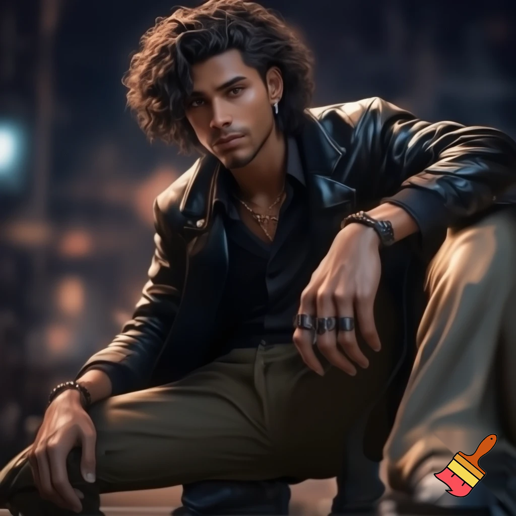 Generate an image of a tall, scrawny man with radiant, polished wood-toned skin. He has curly black coffee hair, styled slightly messy, and sharp, masculine features. His expression is gentle and thoughtful, hinting at inner turmoil.

He wears a black leather windbreaker over a slightly unbuttoned black cotton dress shirt, tailored pleated chinos, and lace-up combat boots. Accessories include silver stud earrings, a silver ring with a red dragon's eye, a black ring with rose gold star shapes, an onyx and lava rock necklace, and a studded bracelet. His shirt sleeves are rolled up, displaying vascular forearms. Set him against an urban backdrop.