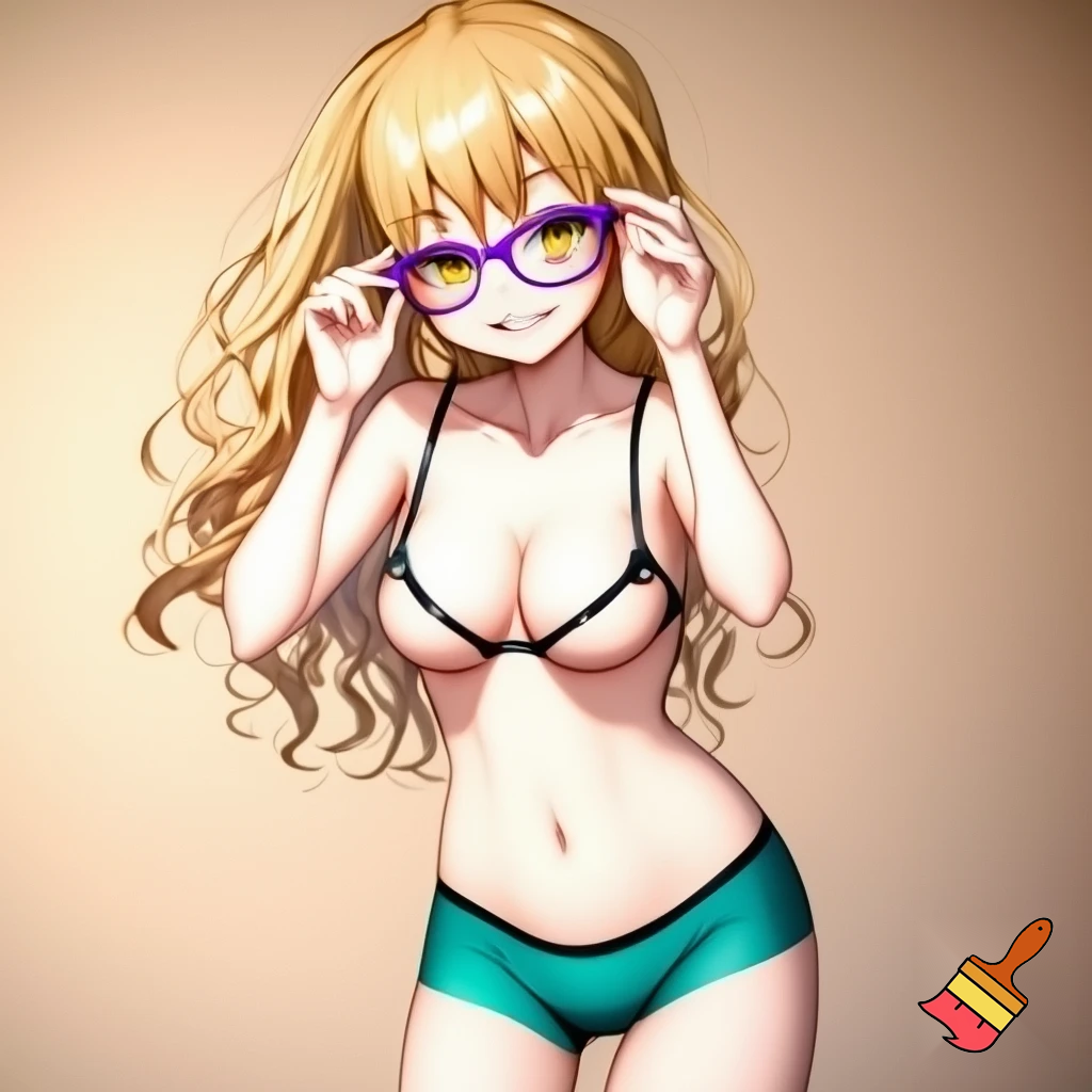 Anime girl with small breasts in a Bra and a Seductive Smile, purple glasses, cute with teal underwear clothes and blonde hair and hazel eyes