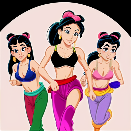 90's disney's 2d aladdin style image black background and of a three headed black haired ponytail woman with green skin,green harem pants pink bra and pink sash and pink curved slippers
