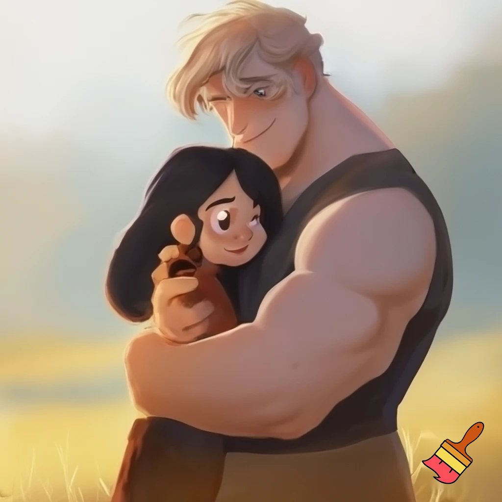 A happy couple, cute, small young woman of Asian descent, with pale skin, put emphasis her cuteness, beauty, femininity, neoteny and innocence , give her large cute neotenous eyes, give her black beautiful flowing hair, warmly hugged by a massive, handsome, heavily white, nordic, European built man with blond hair hair, who conveys intimidating strength but maintains a calm demeanor