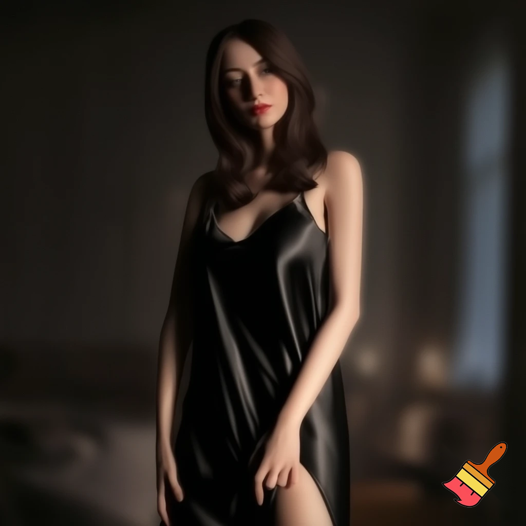 Brunette woman in full length black satin nightgown