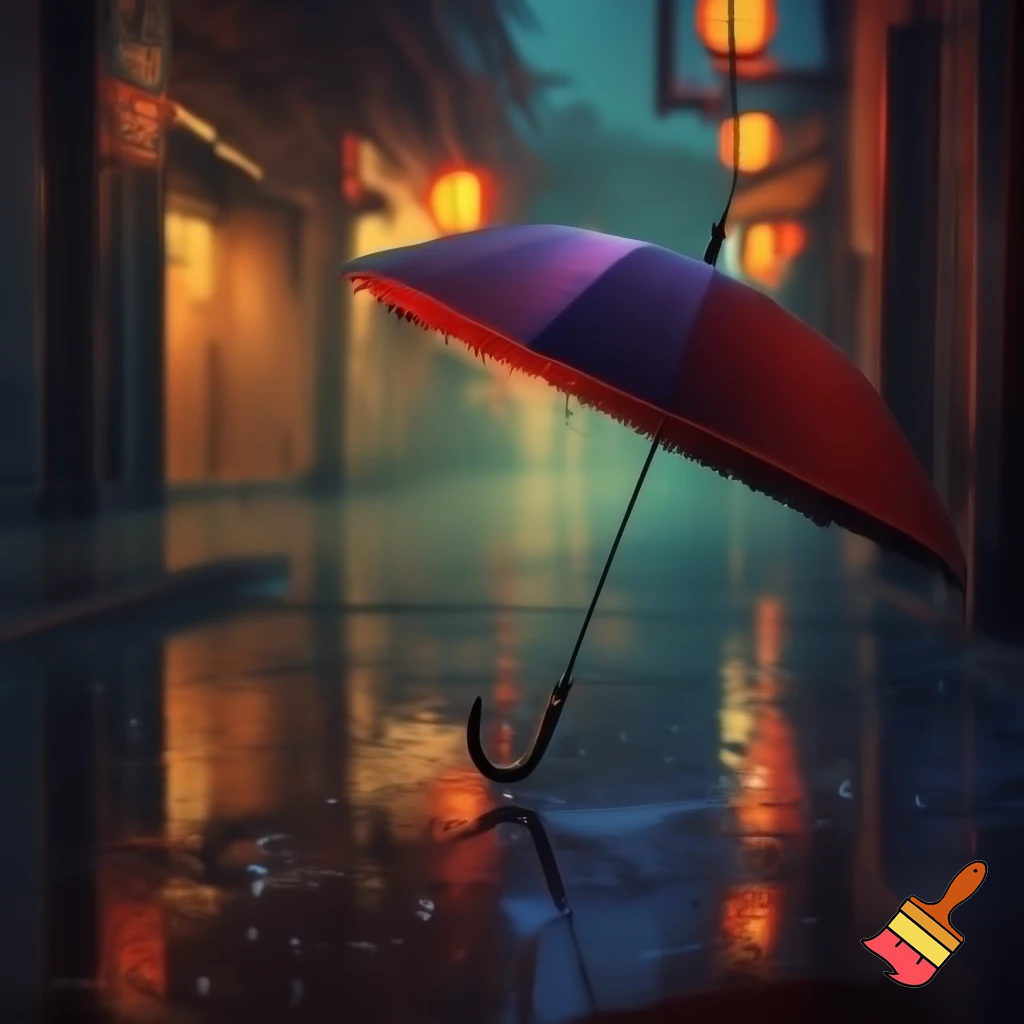 rainy old street asia / wet pavement reflection / closed umbrella rain