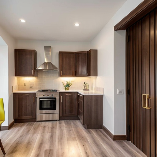 generate an interior picture of a commercial room , 
commercial premises, with a 2.5-meter-long and 2.7-meter-high wall on the left, with 5 4-centimeter-wide pecan-colored boards on the left and right edges of the wall, and black wallpaper with gold-colored thin stripes in between. There is also a 60-centimeter-wide and 2-meter-high decorative panel with a floral pattern, and a 60-centimeter-wide and 2-meter-high mirror. the second wall begins with 50 cm of 4 cm wide pecked walnut-colored slats, followed by a 1.80 m long and 1.3 m high counter with a glass in the middle that is illuminated from the inside with yellow light, then 90 cm of slats that are pecked at regular intervals, and the wall ends with a door that matches the color of the counter. The third wall is covered with decorative plaster. Design this room in a modern and stylish manner.