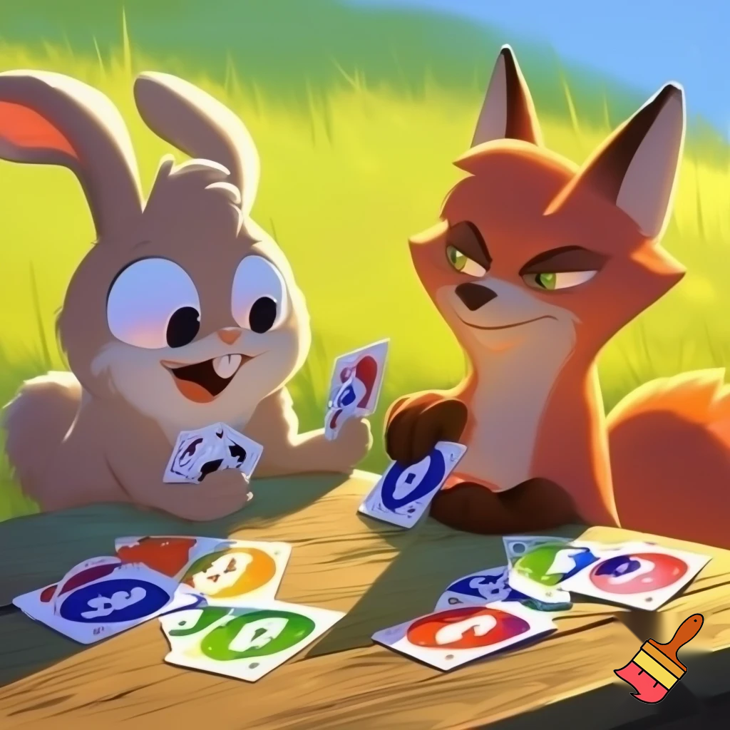 Theme: A rabbit is playing uno with a fox
Lighting: Sunny
Feeling: Joyful
Style: 2D Cartoon
View Angle: Front