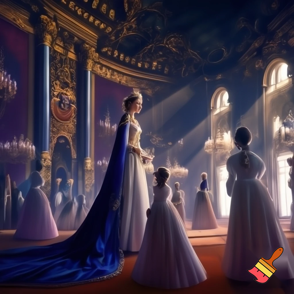 Generate a realistic queen inside of a palace with lots of maids and her princess next to the queen