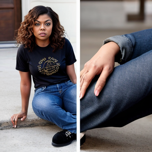 Taraji P. Henson long brown curly hair black t-shirt under t-shirt and blue jeans black pickle toes shoes out 