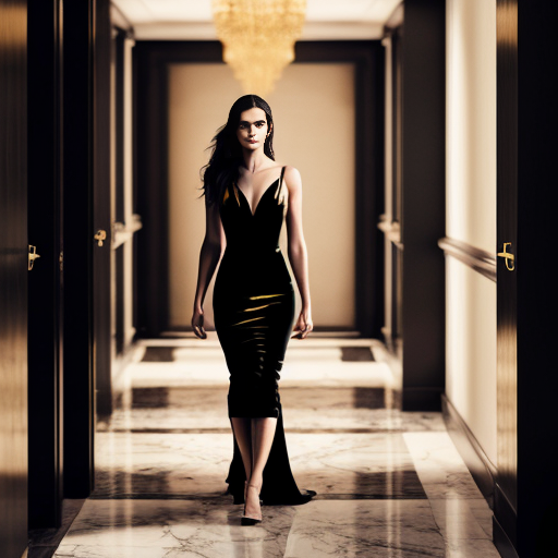 cinematic luxury advertisement, dark elegant hallway interior, marble floor reflecting faint light, sophisticated woman in black evening dress walking forward, long dark hair, confident posture, focus on her right hand wearing a delicate diamond ring glowing softly, the ring is the only light source illuminating part of the hallway, dramatic shadows, high-end jewelry commercial style, photorealistic, shallow depth of field, 85mm lens, luxury fashion cinematography, moody black and gold color palette