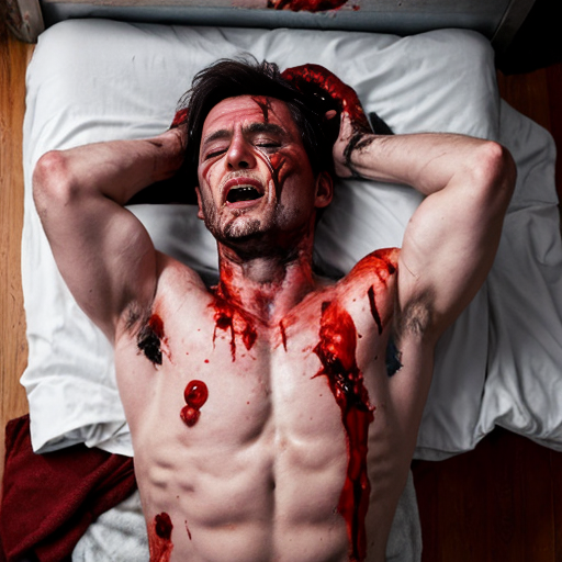 A corpse shirtless man, died, face are hiding by shirt, eye closed, chest opened wounded, blood everywhere