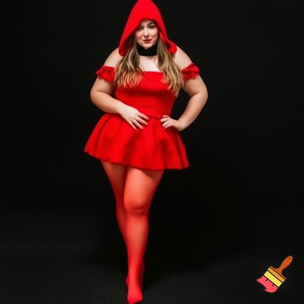 Elegant and curvy massive Little Red Riding Hood with miniskirt, transparent red pantyhose