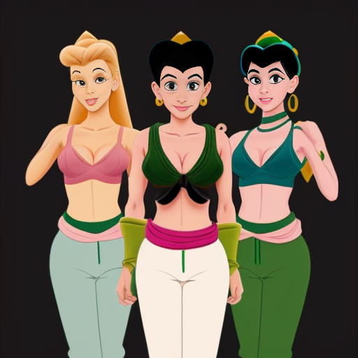 90's disney's 2d aladdin style image black background and of a three headed black haired ponytail woman with green skin,green harem pants pink bra and pink sash and pink curved slippers