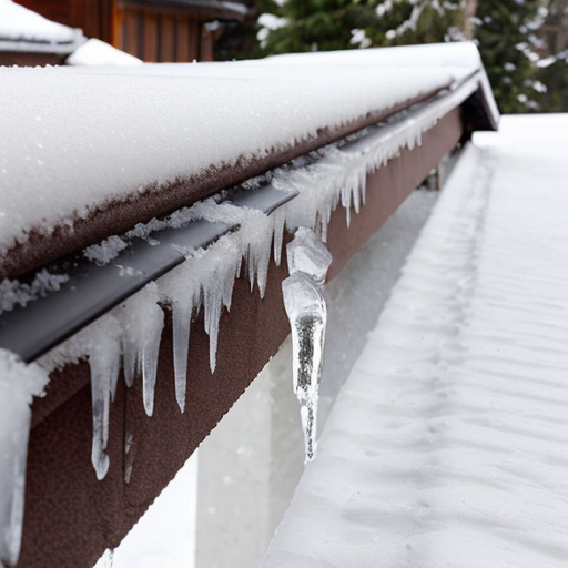 Create a realistic image (Working from the previous) looking up at the edge of a building with a low sloped curved roof that has snow accumulation on the roof surface. Show that the roof has a tube style snow retention barrier fastened along the roof edge above the gutter that is mostly covered with accumulated snow on the roof surface. The snow accumulation on the roof should cover and overhang the roof edge gutter, with icicles forming out of the base of the overhanging snow. 