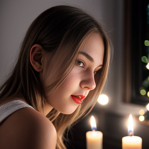 caucasian cute teen girl, skinr, , , seethrou, red lips, full body, b, sideview,, frontview, christmas, cmltoe, opening, nighttime, candles, young,looks at camera