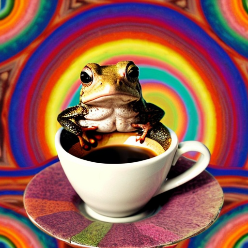 A hillarious, funny boho toad with some hippie colored coffee cups. Psychedelic decorated background, hyperrealistic. Close-up view.