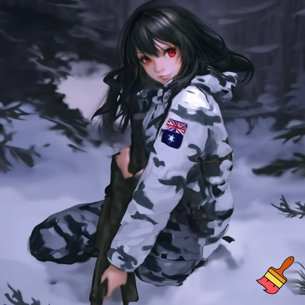 realistic colours, zoomed out veiw. large eyes looking to the left behind the camera, long black hair, red eyes, 19 years old girl. wearing white military camo clothing, jacket and pants  with british sas flag on the sleeve, kneeling in snow, holding a rifle. anime stye 