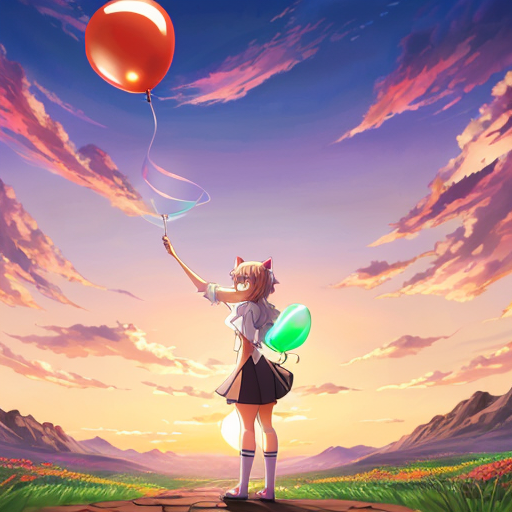 Portrait A sunset with a Jewish star in the middle glowing, a cat with tree legs and no tail sits on it. While a girl stands in the middle holding a balloon