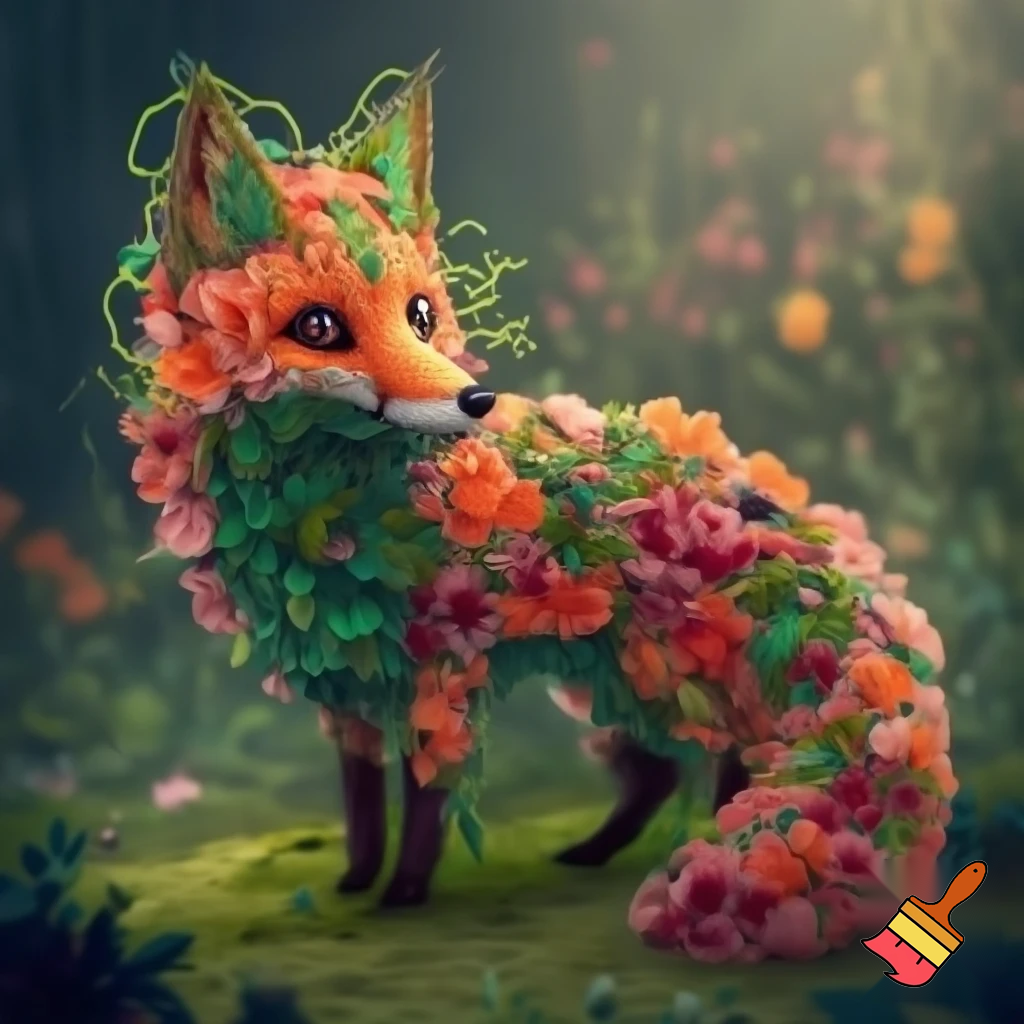 en ræv lavet af blomster og planter