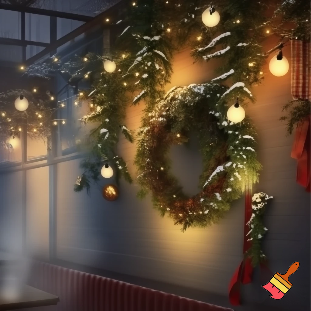 the wall of a cafe with winter decorations

