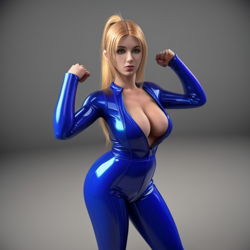 Sexy Samus Aran with high cleavage, smooth blonde ponytail in a blue latex jumpsuit posing sexually in 3D