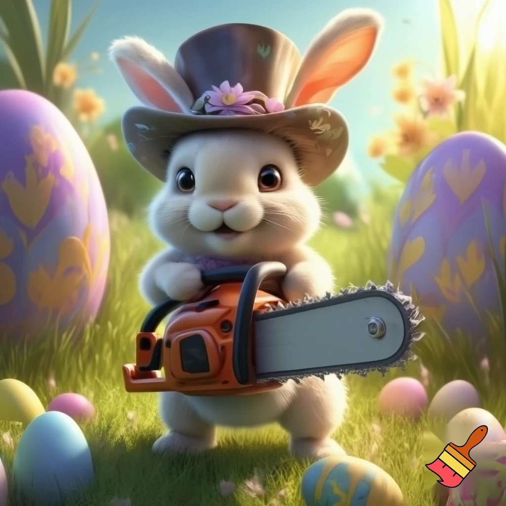 Easter bunny mascot top hat costume with a chainsaw