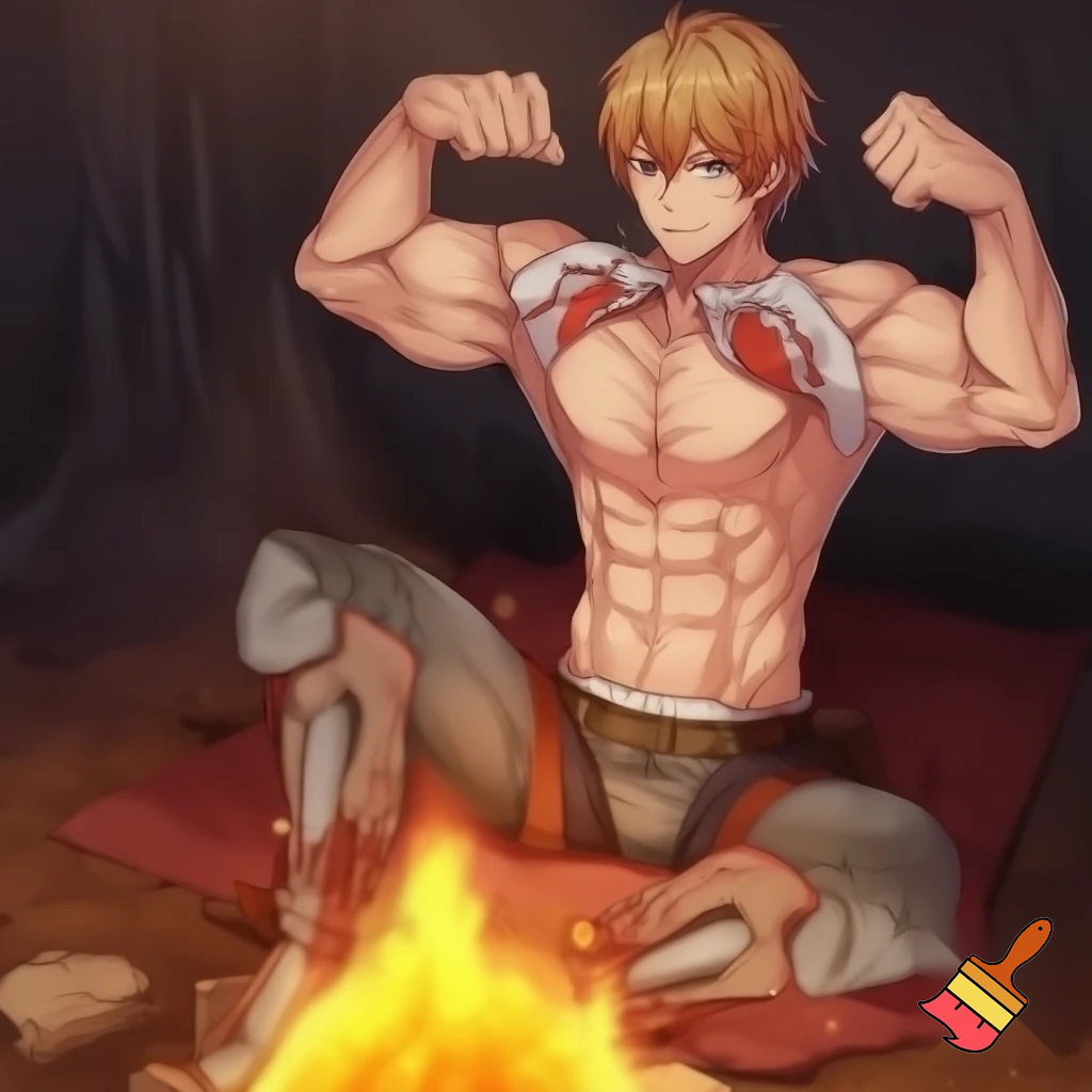 An Anime knight sitting next to a campfire with all of his cloths except his underwear off and he has abs and muscles and is flexing his muscles to the camera 