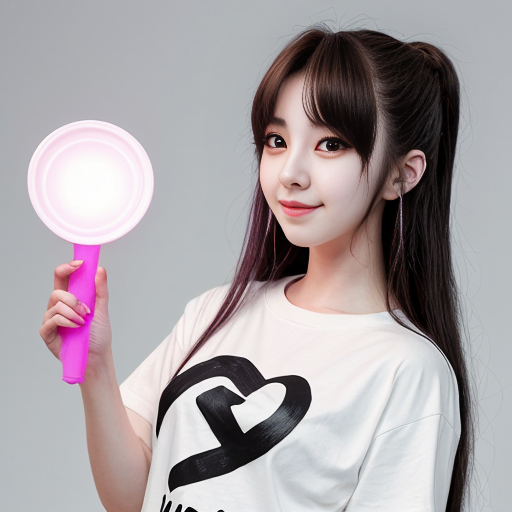 an anime girl holding a bts lightstick and has neni written on her shirt
