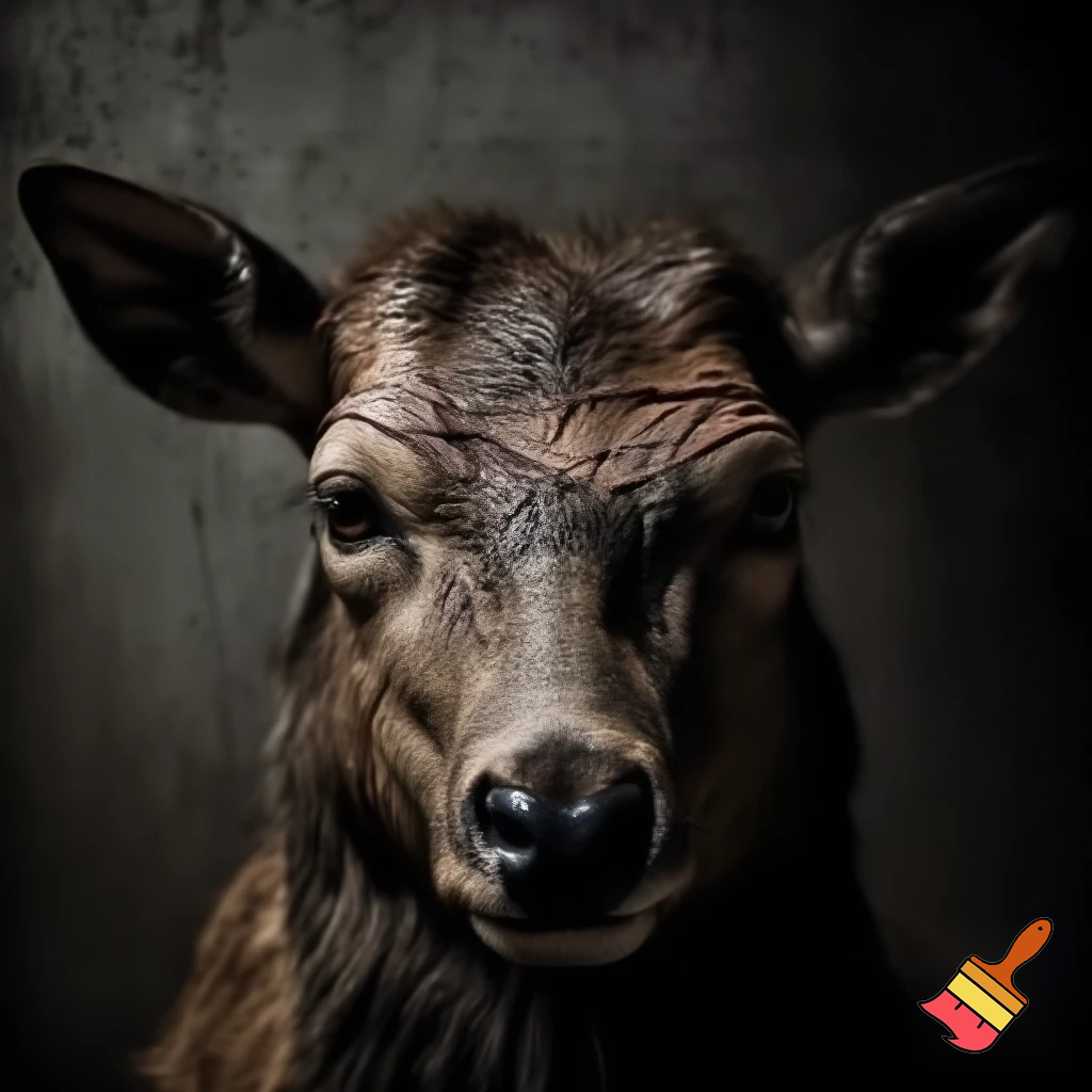 picture of a mugshot deer with scars and a serious face
