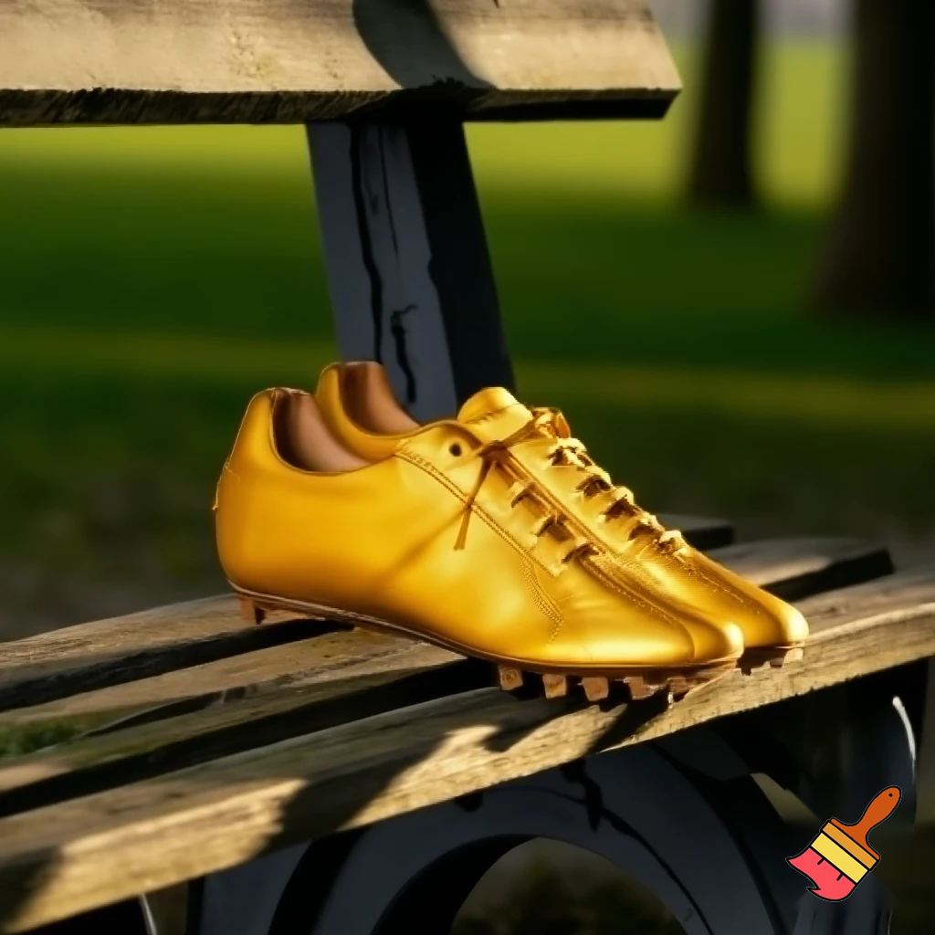 gold-yellow track shoes on a bench
