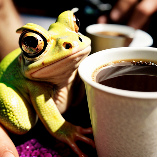 A hillarious, funny boho toad with some hippie colored coffee cups. Psychedelic decorated background, hyperrealistic. Close-up view.