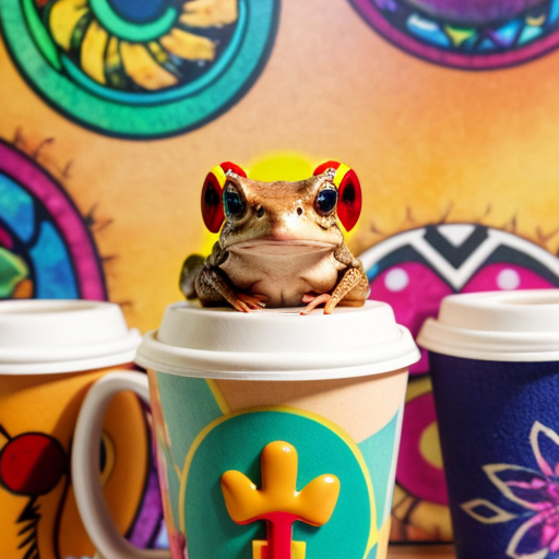 A hillarious, funny boho toad with some hippie colored coffee cups. Psychedelic decorated background, hyperrealistic. Close-up view.