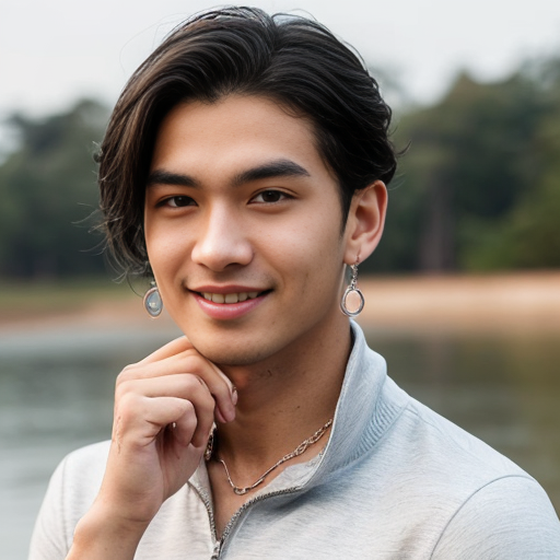 A cheerful athletic teenage boy, with short black hair, defined face (slightly angular heart-shaped jawline), tall straight nose, light brown eyes, wheatish skin, 183cm tall, inverted triangle body (broad shoulders, narrow waist), wearing a sporty zip-up jacket with the collar slightly open, subtly revealing a toned chest, smiling warmly at the camera, clean and refreshing aura.

(masterpiece, best quality, ultra-detailed, 8k, photorealistic anime:1.2),
young male character, messy black hair, light brown eyes (half-covered by hair), moist lips, faint blush,
wearing translucent white T-shirt (slightly wet texture),
accessories: silver star-shaped drop earrings (double earrings), silver chain necklace with crystal pendant, silver ring (on middle finger),
pose: head tilted back, one hand gently touching hair (fingers slightly curled),
background: soft misty/rainy atmosphere (blurred cool-toned environment, floating water droplets),
style: Chinese handsome male illustration (delicate facial features, realistic skin texture with subtle water droplets),
color tone: cool muted blue-gray dominant, with white (T-shirt) + silver (accessories) accents, soft diffused lighting (subtle highlights on skin and water droplets),
composition: extreme close-up (half face + neck), upward angle perspective, shallow depth of field (blurred background),
additional details: translucent T-shirt texture, water droplet sparkle on skin/hair, silver jewelry luster, gentle and ethereal atmosphere