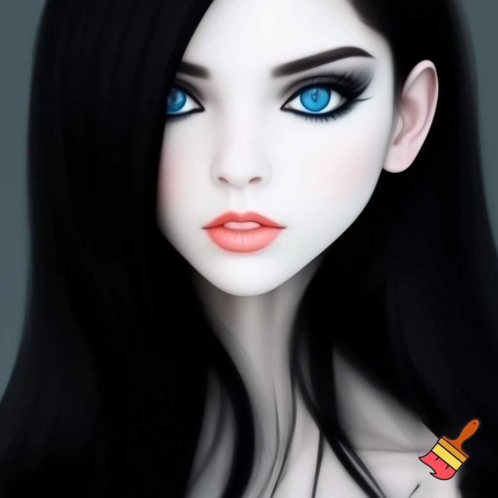 Female long black straight hair , ocean blue eyes, white skin drawing, no make and not realistic and drawing 
