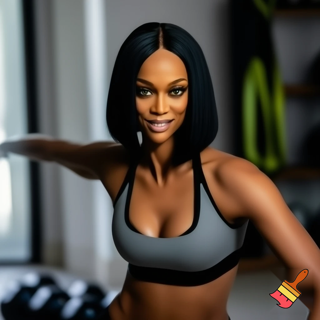 Tyra Banks with a black sleek middle part bob hair wearing a grey and black bra working out at home