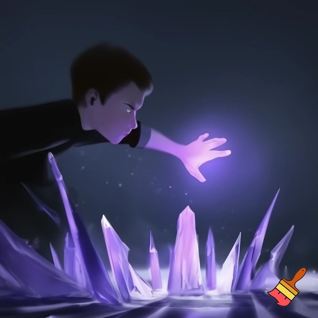 teen boy with his glowing purple hand out to the right, purple tinted ice erupting from the ground in spires, realistic,               side profile