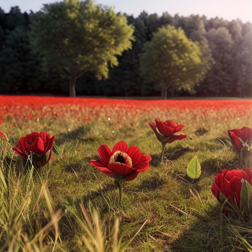 red flowers in a sunny meadow, photorealistic