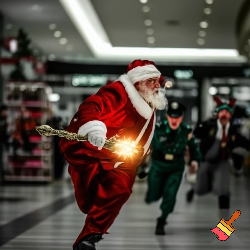 Santa Claus running with the walking stick running with his magic walking stick walking in the shopping centre with the walking stick magic staff walking stick affectation the police are on the way the police elf on the shelf the naughty Santa Claus