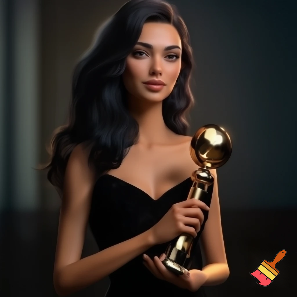 “A woman with long wavy dark hair, strong eyebrows, and a calm expression, wearing a black dress, holding a trophy.” realistically