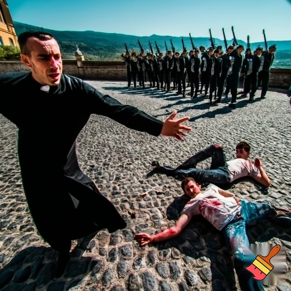In the foreground, two young men fall to the ground, wounded; on the left, a priest runs to the rescue; in the background, a firing squad fires. Summer; setting: square with Italian hills in the background.