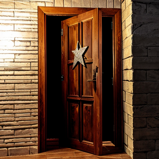 a wooden door with a star scratched onto it in a dark passage way with stone bricks.