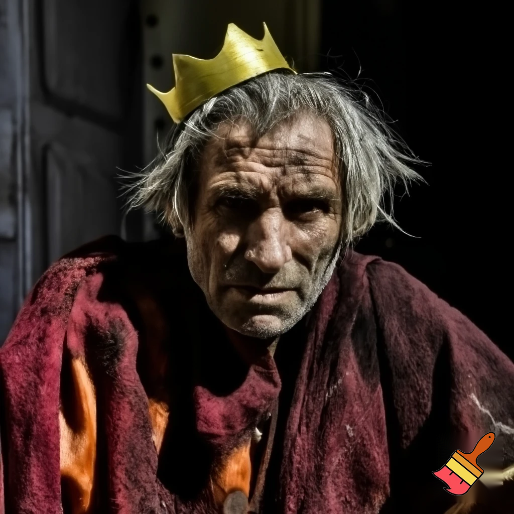 old man wearing maroon with orange robes and a golden crown that sat comfortably on top of his messy white with silver streaks of hair. It looked as it hadn’t been cut for months of washed because of his dirty, filthy clothes.