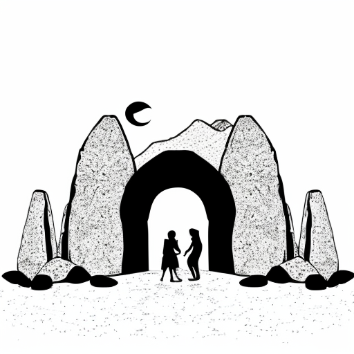 Paint the stones of a desert arch with multiple abstract figures in Tanguy and Matisse style