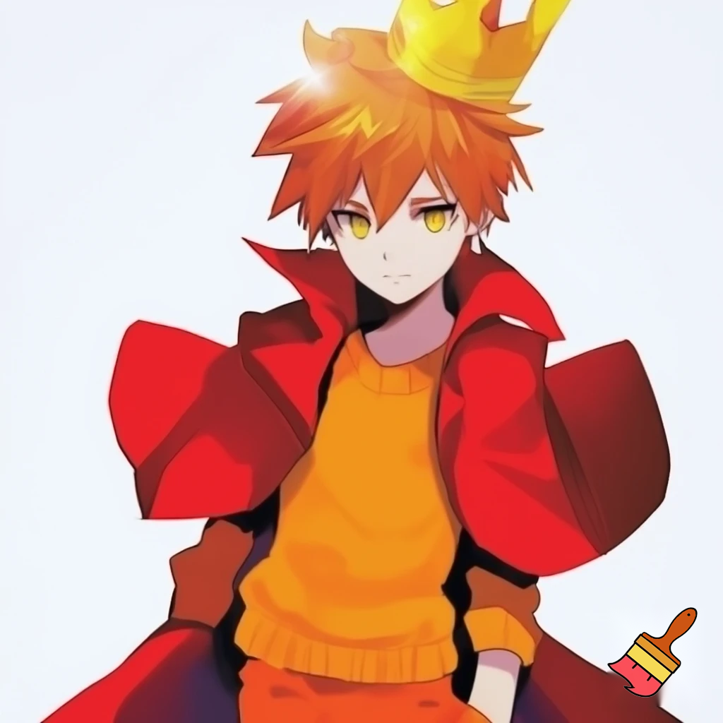 Un chico Anime 2000s Pelo naranja ojos negros corona de rey amarilla sueter naranja pantalones naranjas y capa rojade rey estrella joven en un fondo blanco.