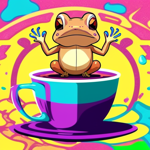 A hillarious, funny boho toad with some hippie colored coffee cups. Psychedelic decorated background. Hard style.