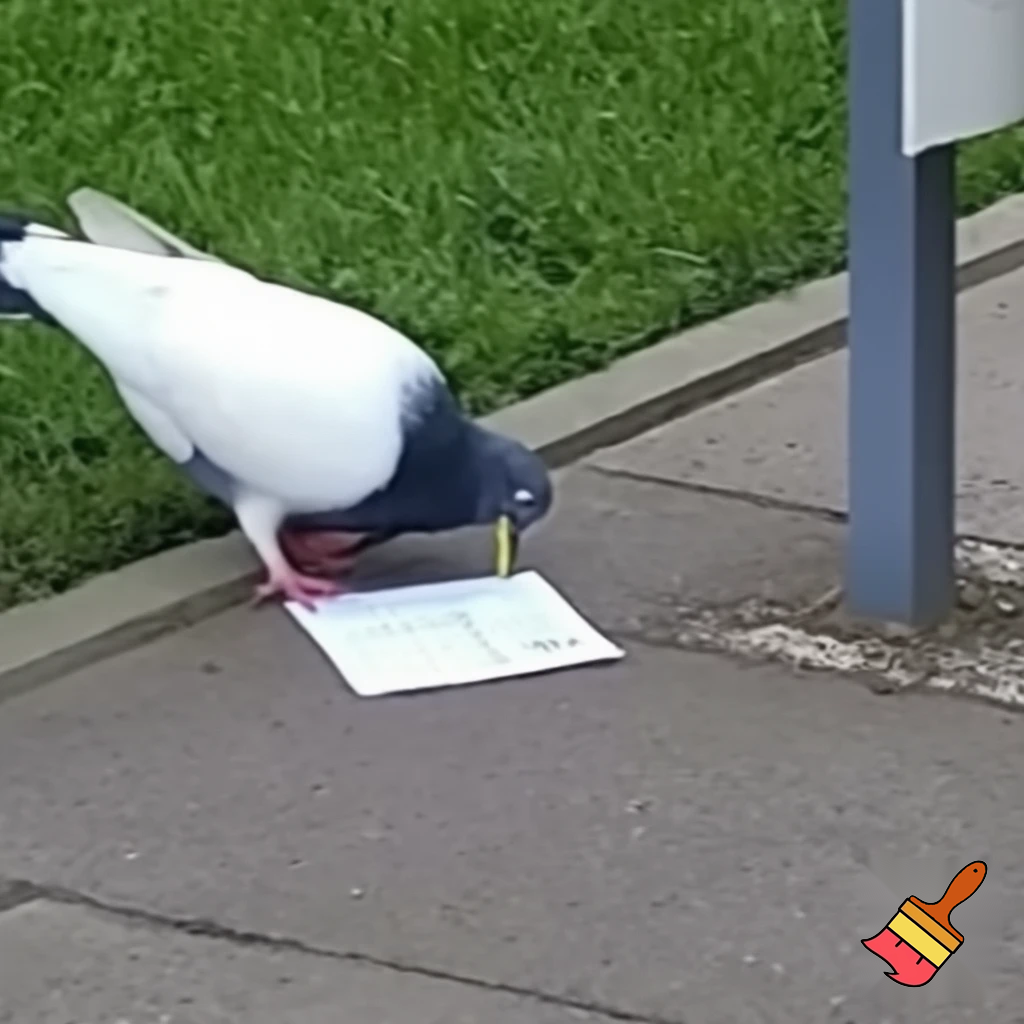 A white and black pigeon with a pencil in the mouth is writing a mail, near a mailbox