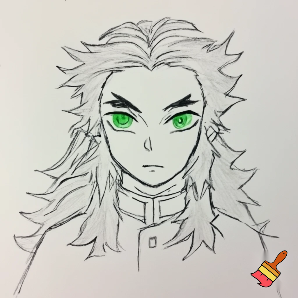 original demon slayer character, male, long hair, green eyes, sketched