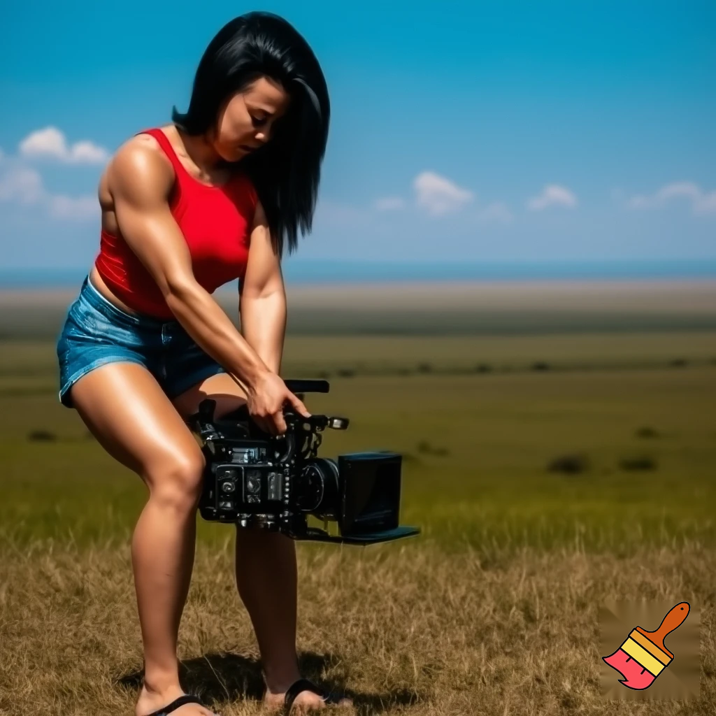 A cute and muscular black-long-and-side-swept-banged-haired fair white woman with arriflex digital camera and wearing red tank top and woman's blue short jeans and putting the sandals on her feet is filmming the plains of the Serengeti in Tanzania.
